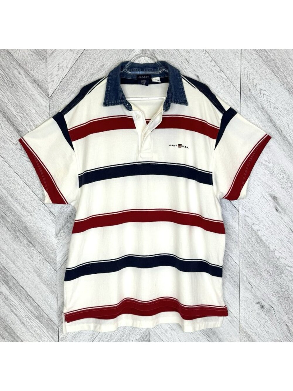 Vintage 90's GANT USA Striped Rugby Polo Shirt Mens Large Denim Collar Preppy